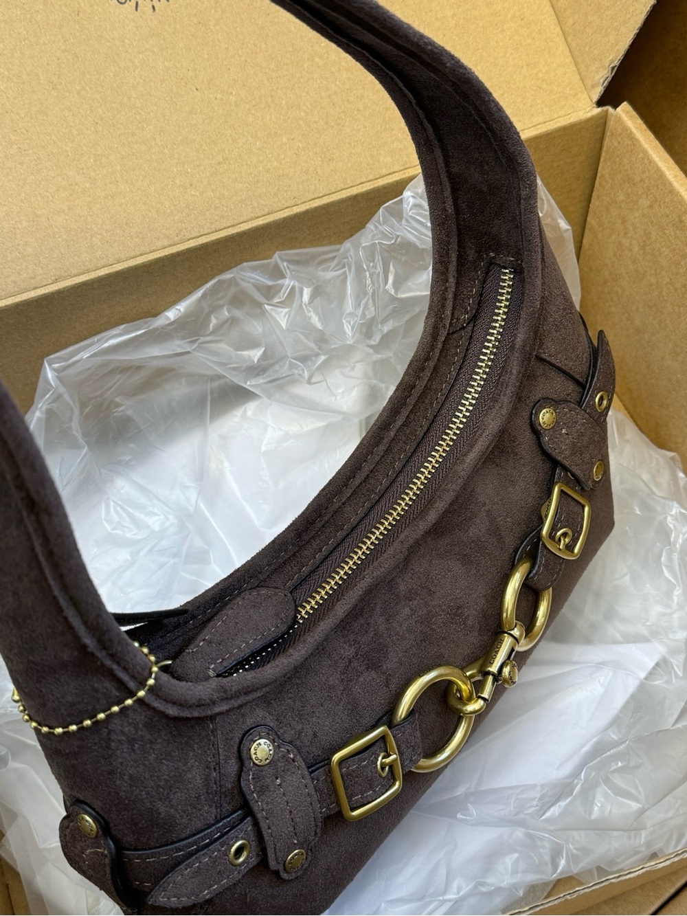 Coach Brown Suede Shoulder Clutch with Gold Hardware - Picture 6 of 6